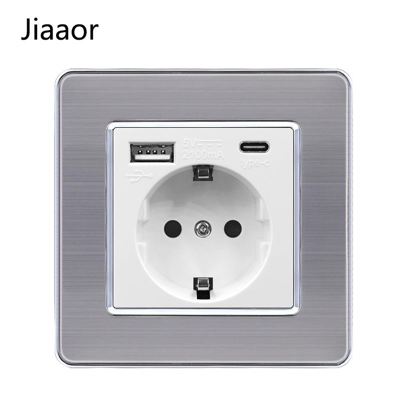 Padrão Europeu Tipo 86 Painel de Interruptor e Tomada de Parede Duplo em Aço Inoxidável com USB-C, Estilo Alemão, Montagem de Parede Embutida.