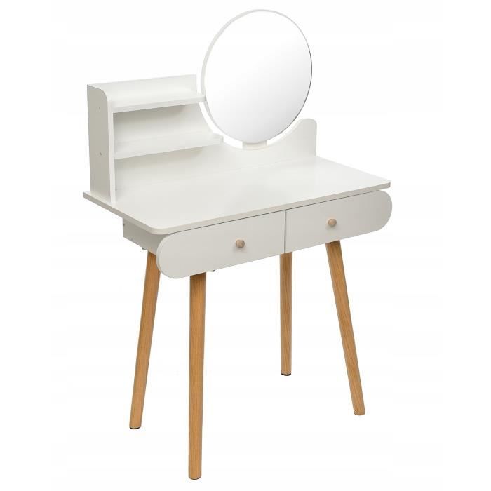 Coiffeuse En Bois Blanc Avec Miroir Et Tiroirs - 122x80x40 Cm