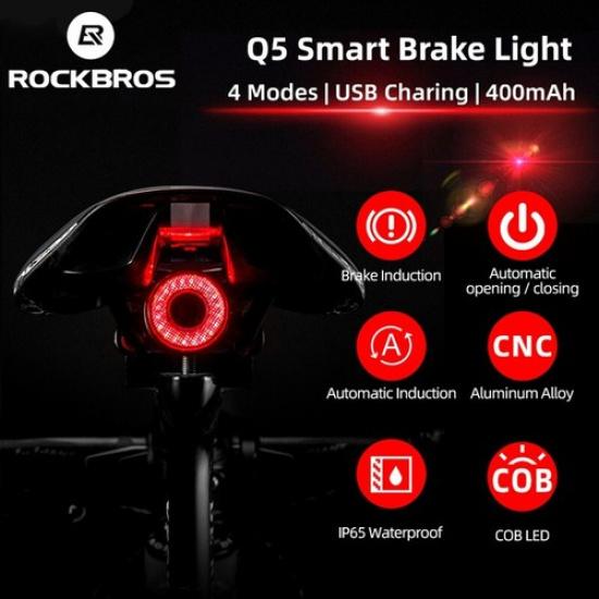 ROCKBROS Bike Lights Cycling Smart Auto Brake Sensing Rear Saddle Tail Lights Q5