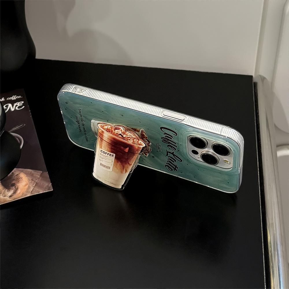 Mint Green Ink Coffee Stand Mobile Phone Case Apple 15promax Suitable for Iphone16 American 12 Feather Yarn 14