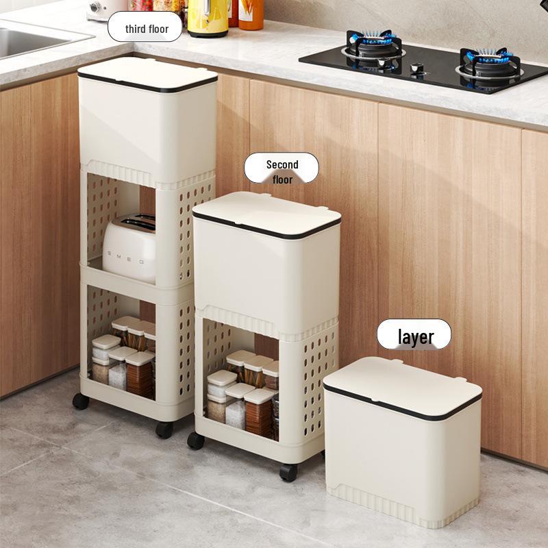 Multi-Layer Kitchen Trash Can & Snack Storage Rack with Lid & Wheels