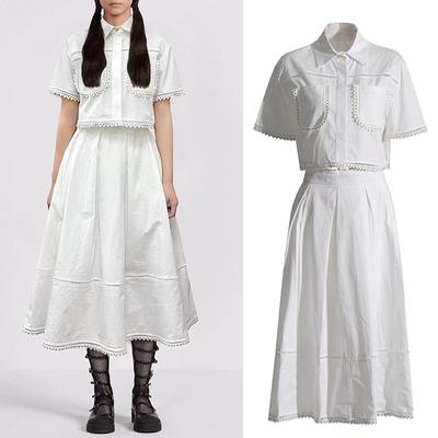 Women's Spring and Summer Lapel Short-sleeved Shirt + High-waisted Mid-length Half-body Skirt Lace Embroidery Two-piece Suit Female