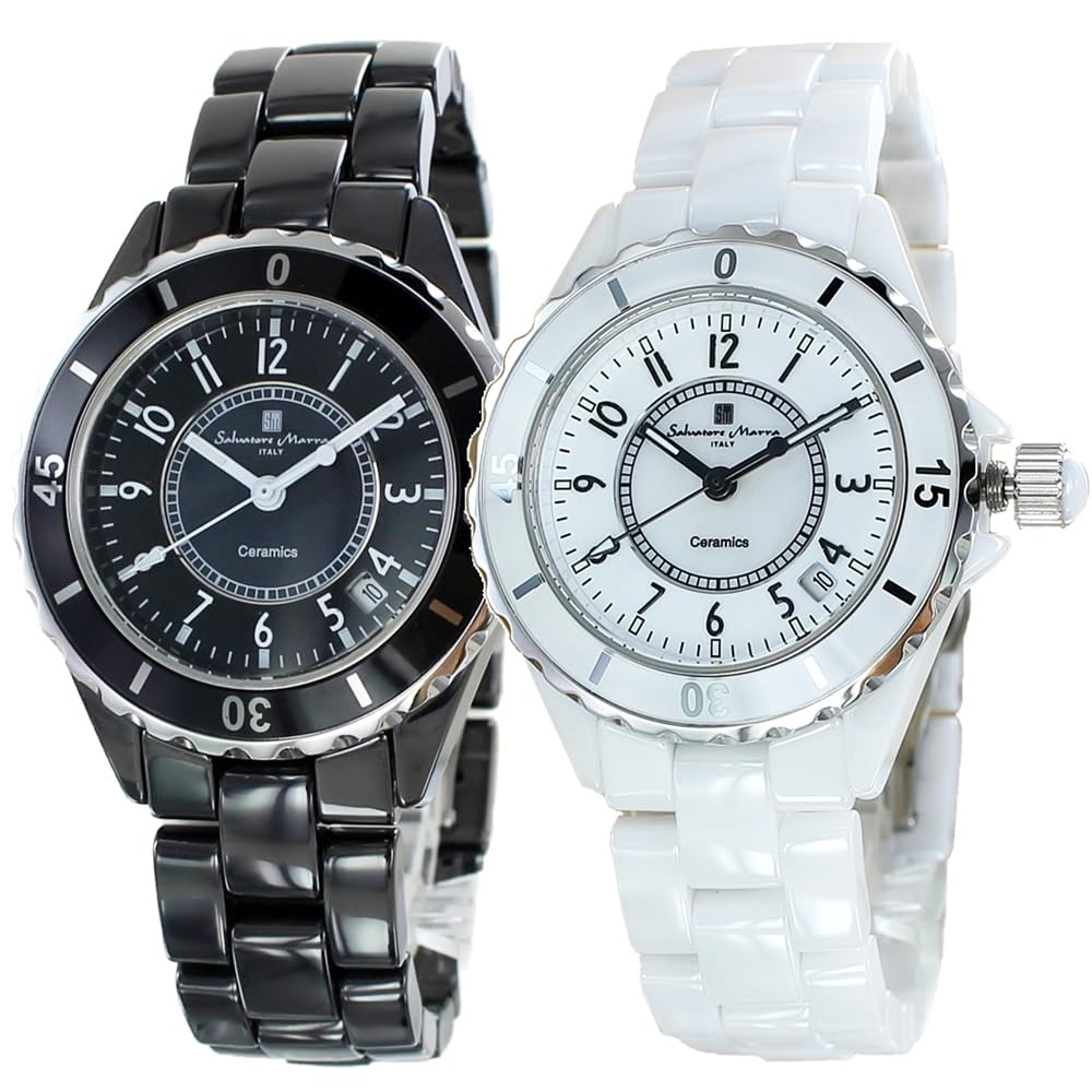 Salvatore Marra Pair Ceramic Bracelet Watch Set with Storage Box SM23103-BKA/WHA Unisex Black & White