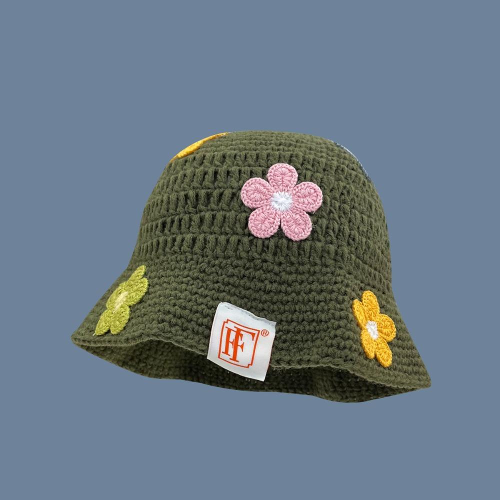 Korean Style Beanies Hat Handmade Bucket Hat Casual Flower Knitted Hat  Outdoor