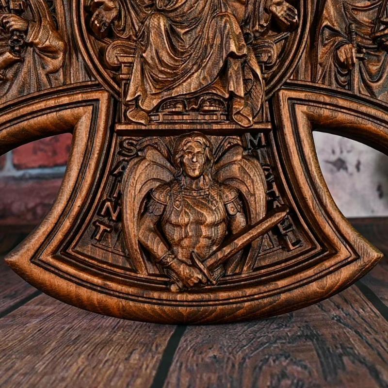 Trinity Jesus and Mary Wooden Cross Catholic Home Decor Hand Craft, Wall Hanging Statue, Christ Gift