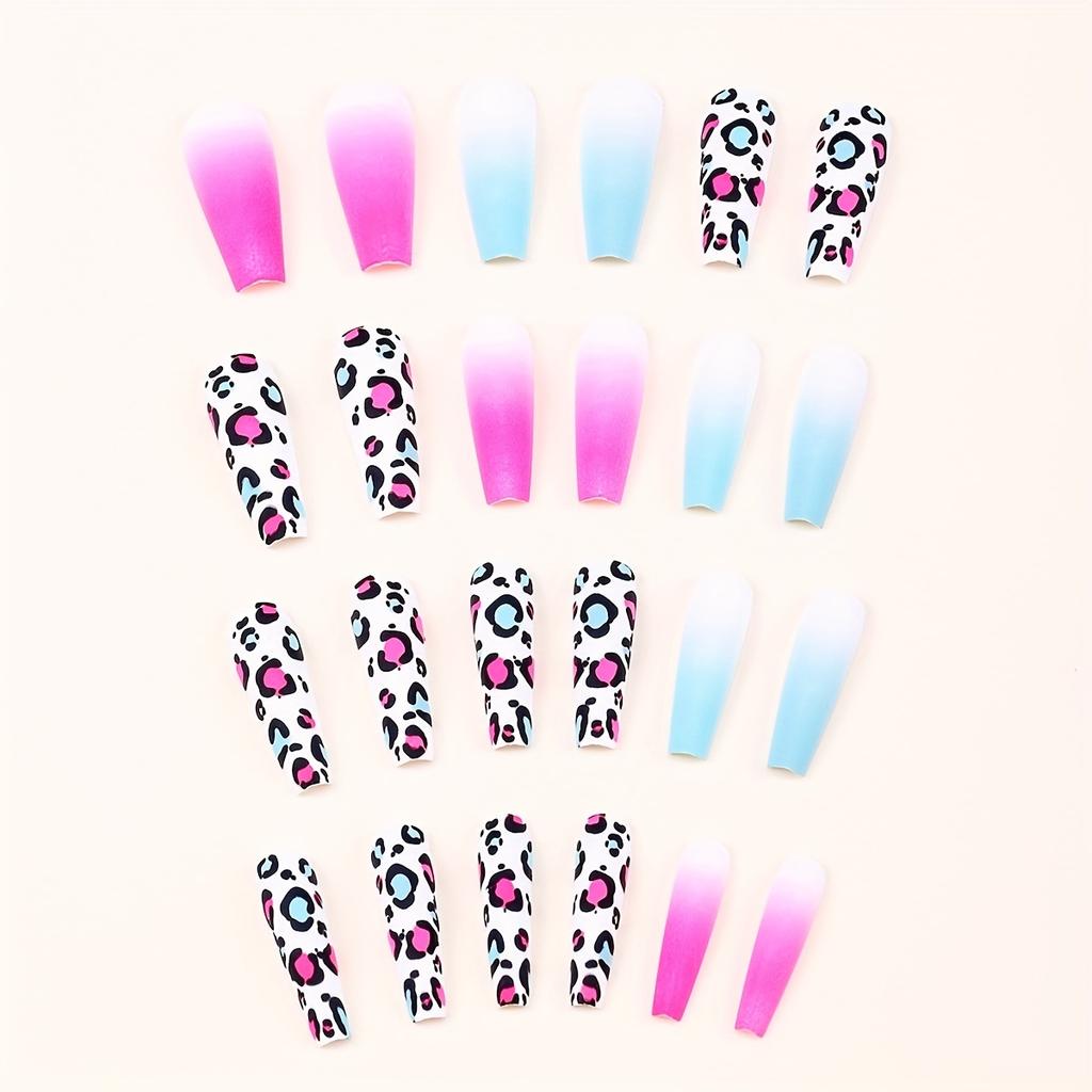 24 peças Leopard Gradient Press On Nails - Unhas Postiças Matte Blue Pink com Cobertura Total Long Coffin Ballerina Design - Fácil de Aplicar e Remover - Perfeito