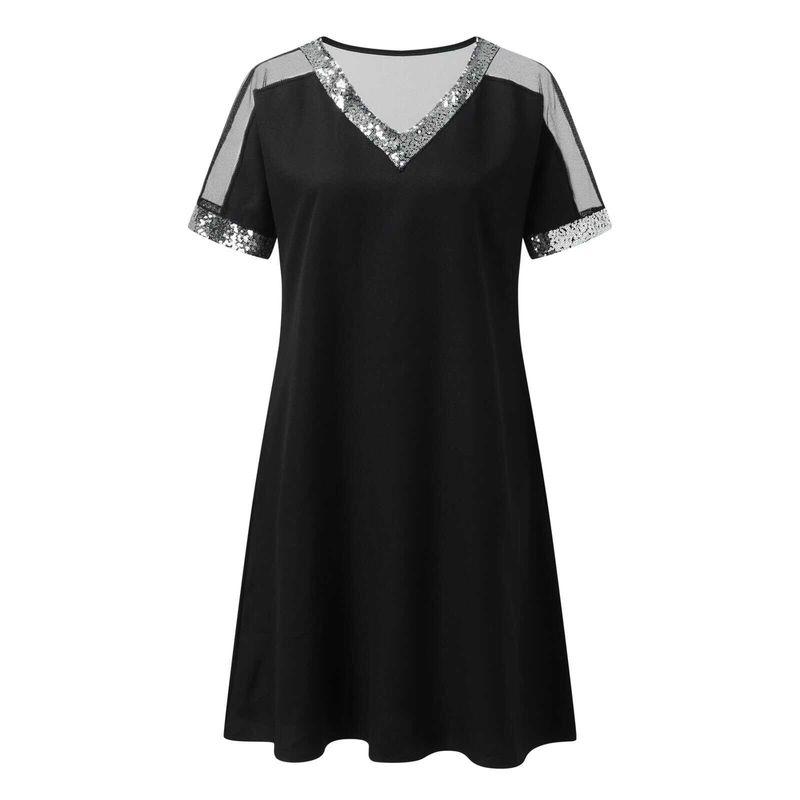 

Новое поступление Женская одежда Модный стиль Свободное Контрастный цвет Элегантные рукава с открытыми плечами Модное Сексуальное платье с глубоким V-вырезом и пайеточной вышивкой Black S
