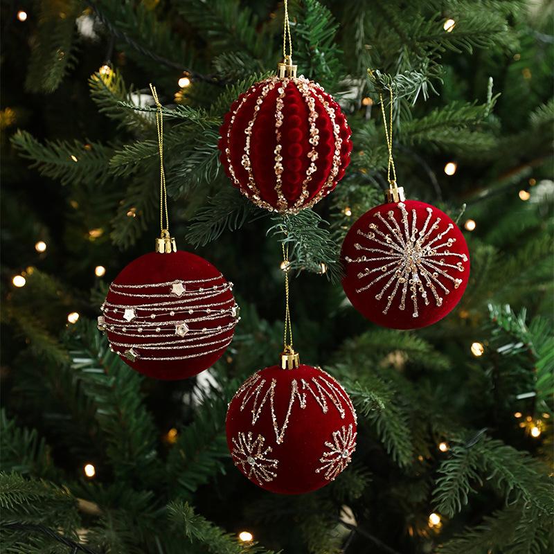 8Cm Velvet Christmas Ball Pendant Flocked Glitter Christmas Hanging Balls Set Reusable Shatterproof Xmas Tree Ornaments New Year