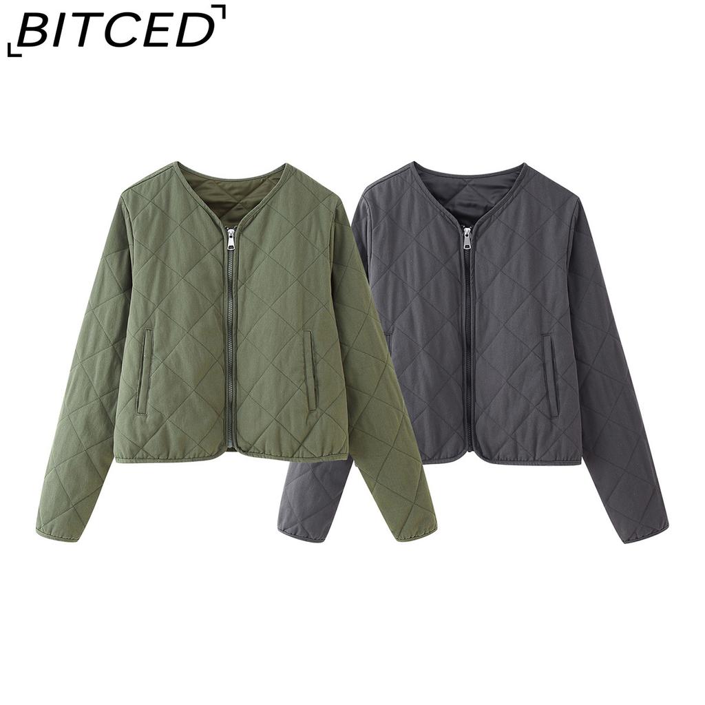 BITCED Women's Autumn/Winter Oversized Loose-Fit O-Neck Long-Sleeved Washed Cotton Diamond-Patterned Cotton Coat