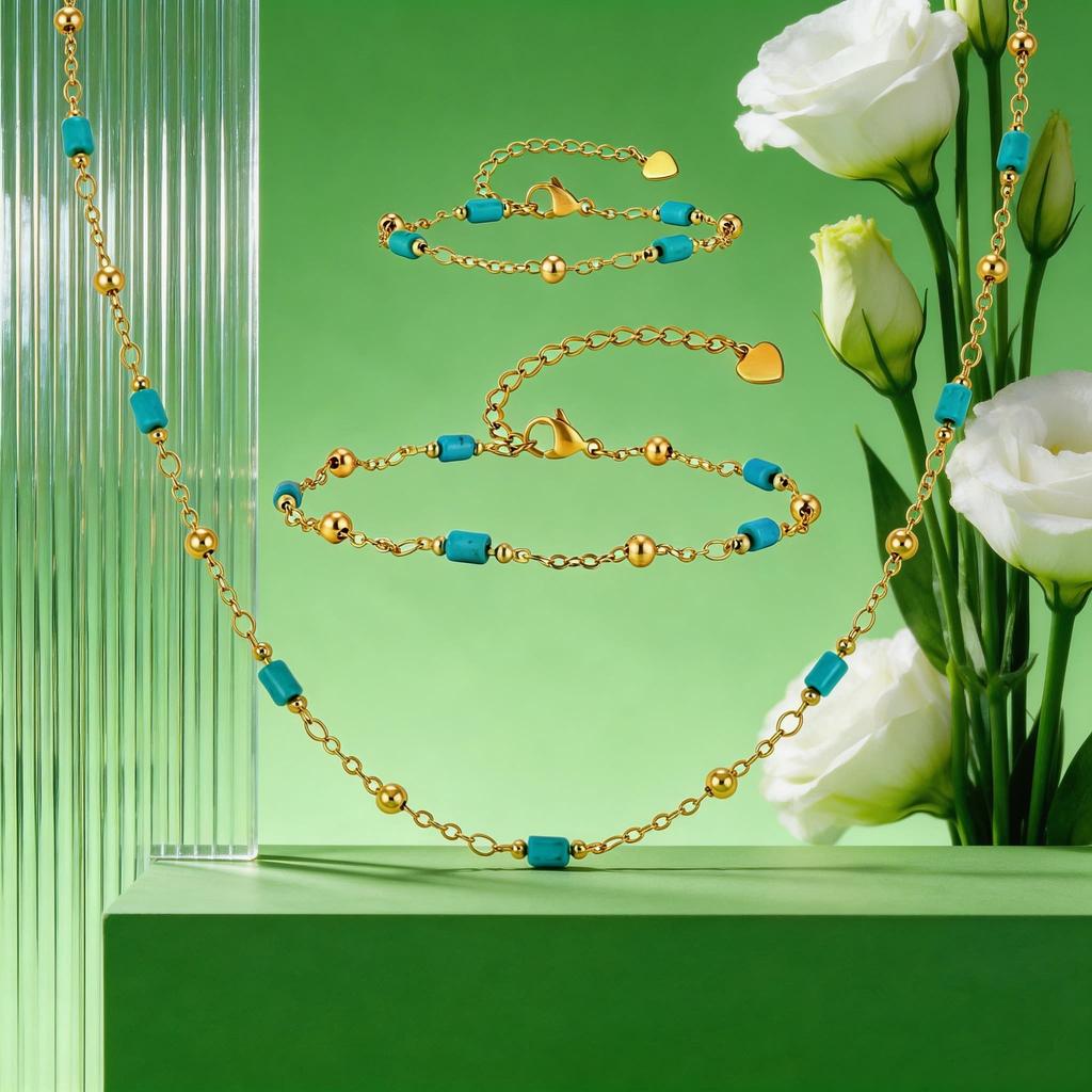 Hip Pop Turquoise Spacer Bead Necklace for Women Gold-Plated Beaded Chain Necklaces Fashion Choker Jewelry Gift