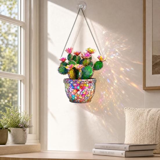 Acrylic Potted Cactus Hanging Decoration, Stained Glass Cactus Flower Suncatcher, Door Window Hanging Ornament for Indoor Outdoor