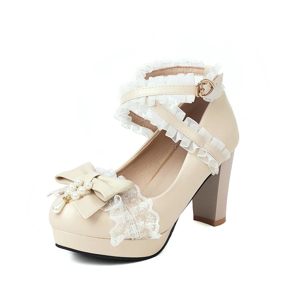 Fashion 2025 Summer New Ladies Platform Heels Cute Bow Lace Princess Mary Jane Lolita Shoes Party High Heel Buckle Women Pumps Pink 32