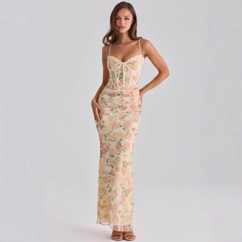 French floral dress women s 2026 new daughter lady lace splicing tube top skirt dress S