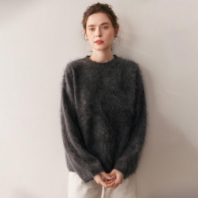 

2025 Autumn/Winter Women s Pure Cashmere Round Neck Sweater - Thick, Solid Color, and Fashionable Knit One Size темно-серого