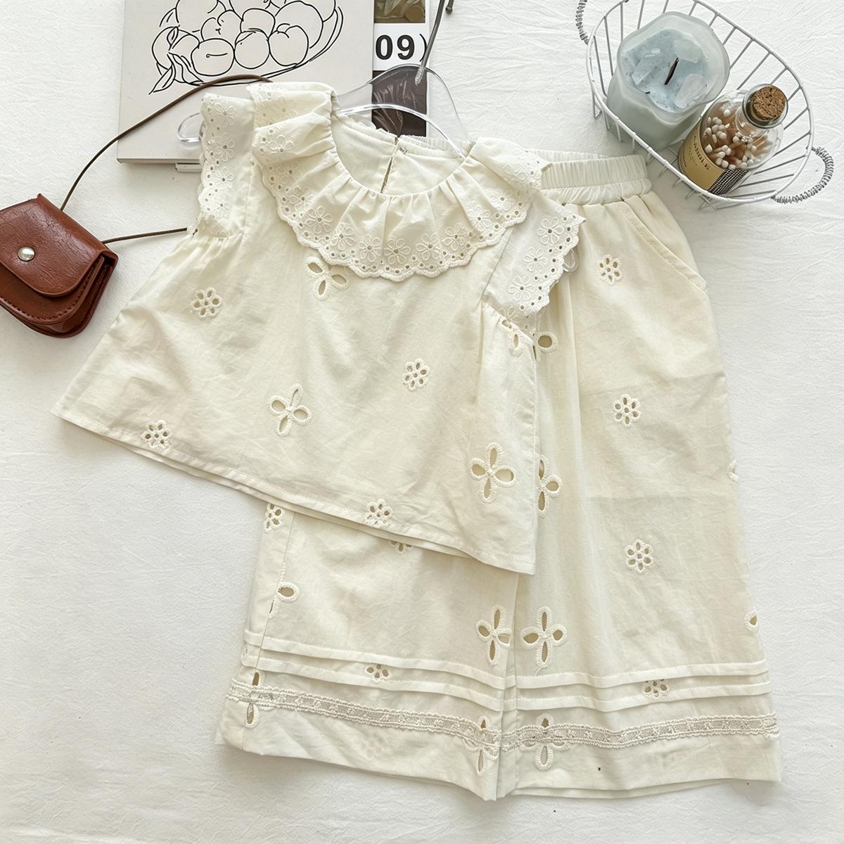 Girls Summer Embroidered Wide-Leg Pants & Doll Collar Sleeveless Top Set (2026) 90 cm