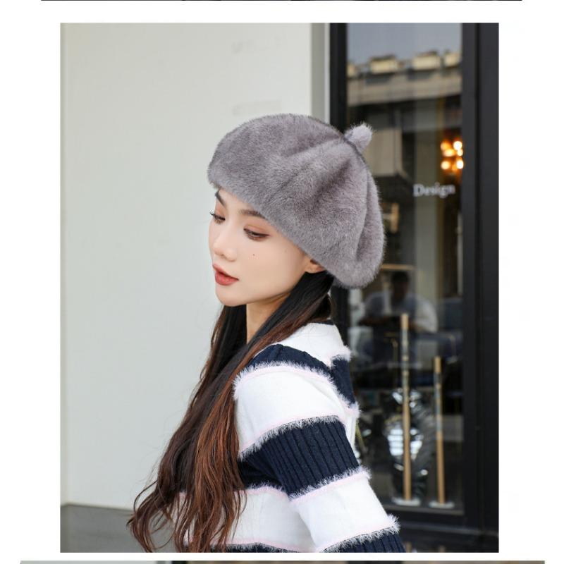 Big Head Circumference Black Beret Female Winter New Trendy Face Small Mink Hair Hat Octagonal Hat Cloud Hat Milliner