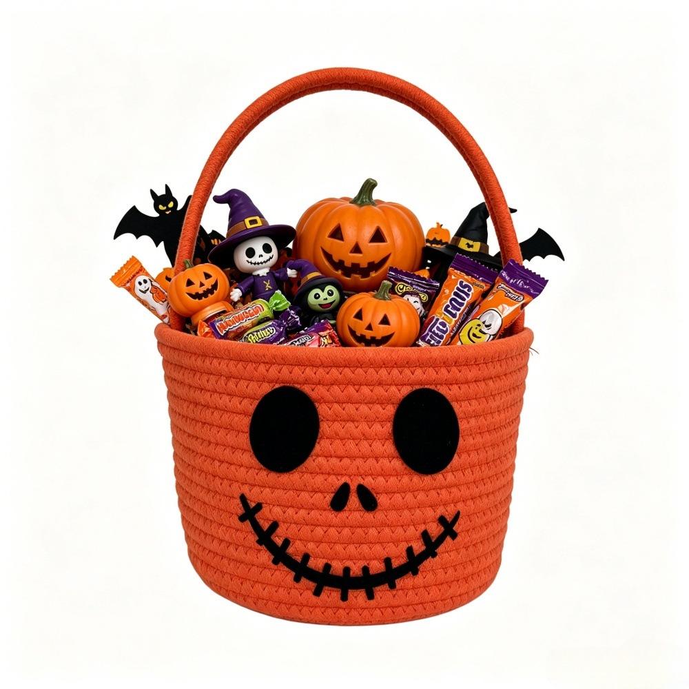 Children's Halloween Cotton Rope Pumpkin Basket - Decorative Handheld Woven Candy & Snack Storage