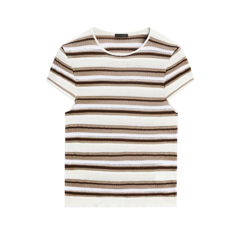 MD Spring and Summer Women's Clothing American Preppy Style Slim Fit Stripes Cotton Cut Out Round Neck Flounced Sleeve T-shirt 6241758