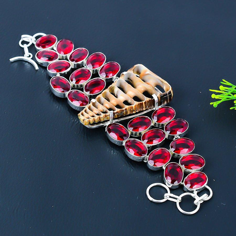 Cowrie Shell, Garnet Handmade 925 Sterling Silver Jewelry Bracelet 7-8" u0H27