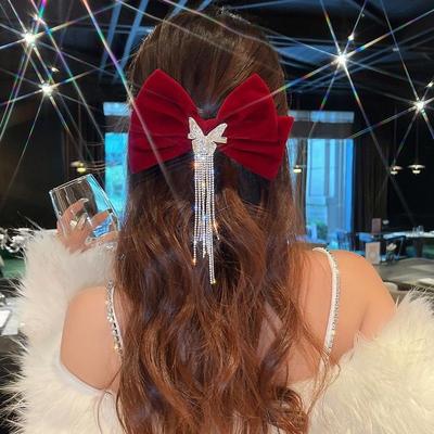 Roter Samt Bogen Haar Clip Frauen Glänzende Strass Quaste Haar Krallen Mädchen Mode Exquisite Eleganz Kopfschmuck Haar Zubehör