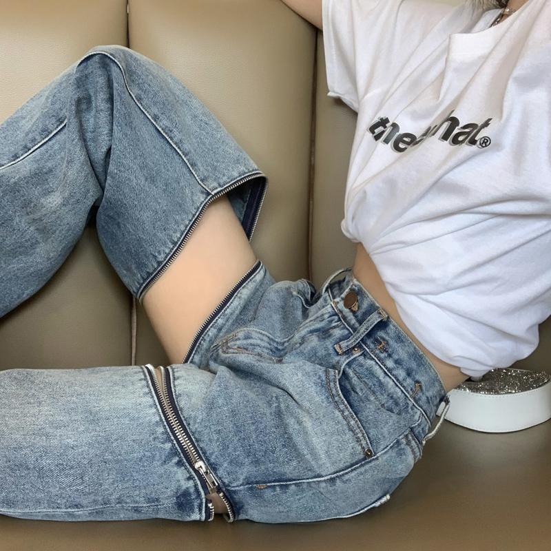

Women Zipper Jeans Women High Waist Slimming Straight Loose Design Long Pants Plus Size XS синій