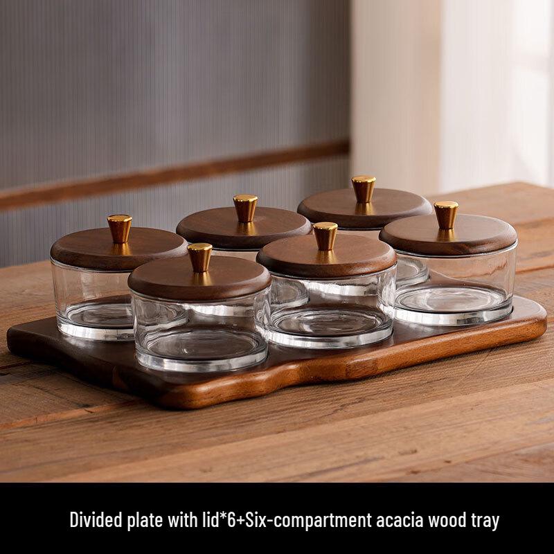 Chinese Style Glass Sectioned Serving Tray Six Sections with Lid