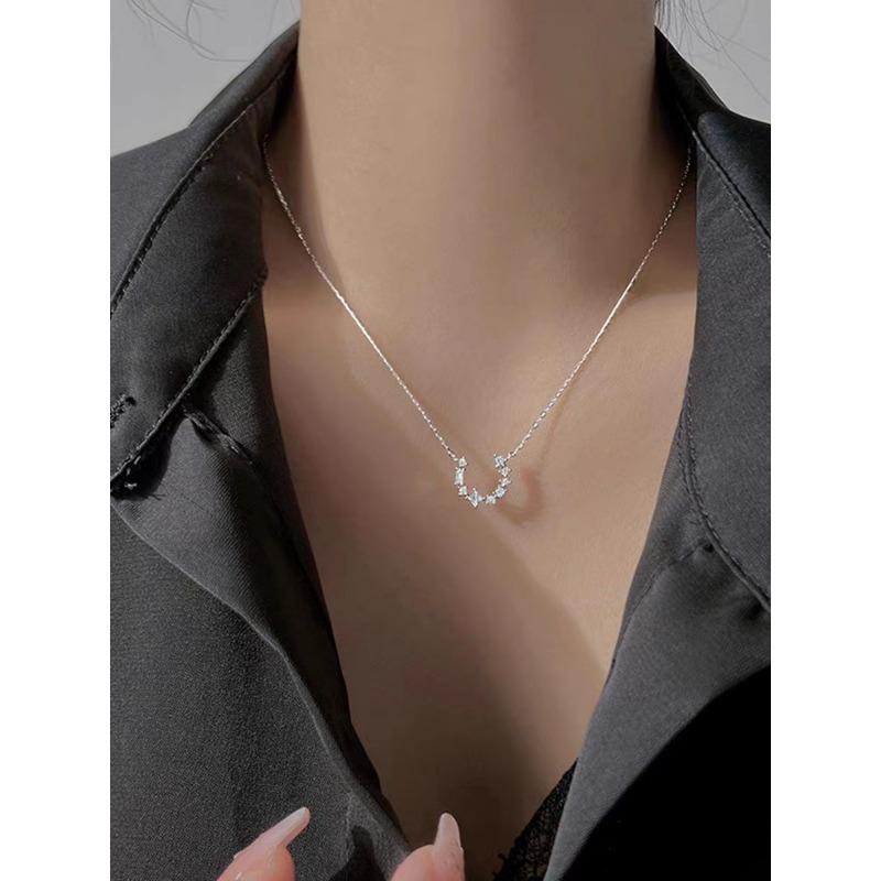 925 Sterling Silver Small Horseshoe Diamond-Studded Necklace Female Clavicle Chain Special Interest Light Luxury Design U-Shaped Necklace