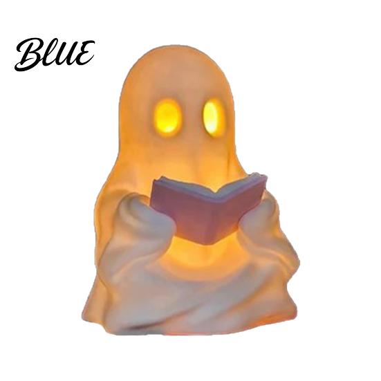 Whimsical Desk Accessory Cute Ghost Reading Book Lamp Lighted Figurine with Warm LED Ornament Light Halloween Night Light for Mantel Shelf