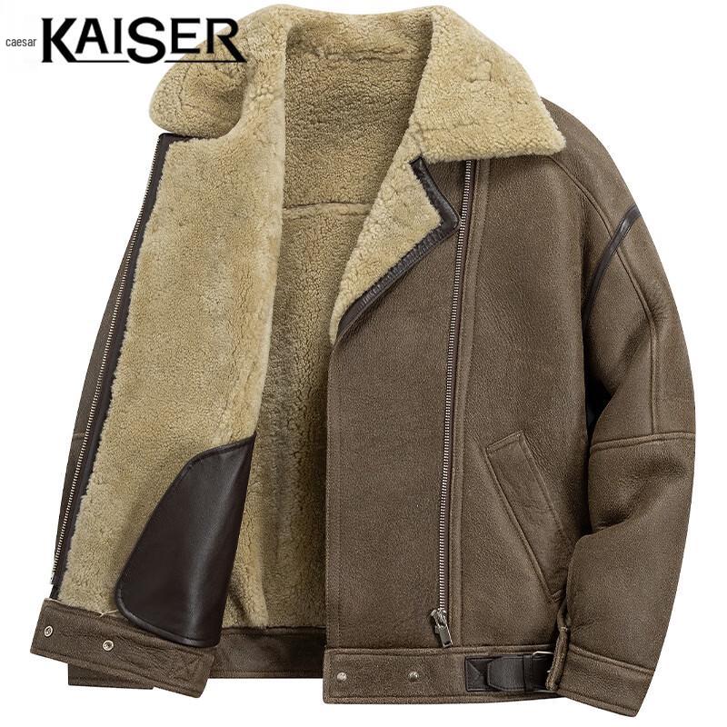 KAISER Men's Sheepskin Fur Lined Lapel Leather Jacket