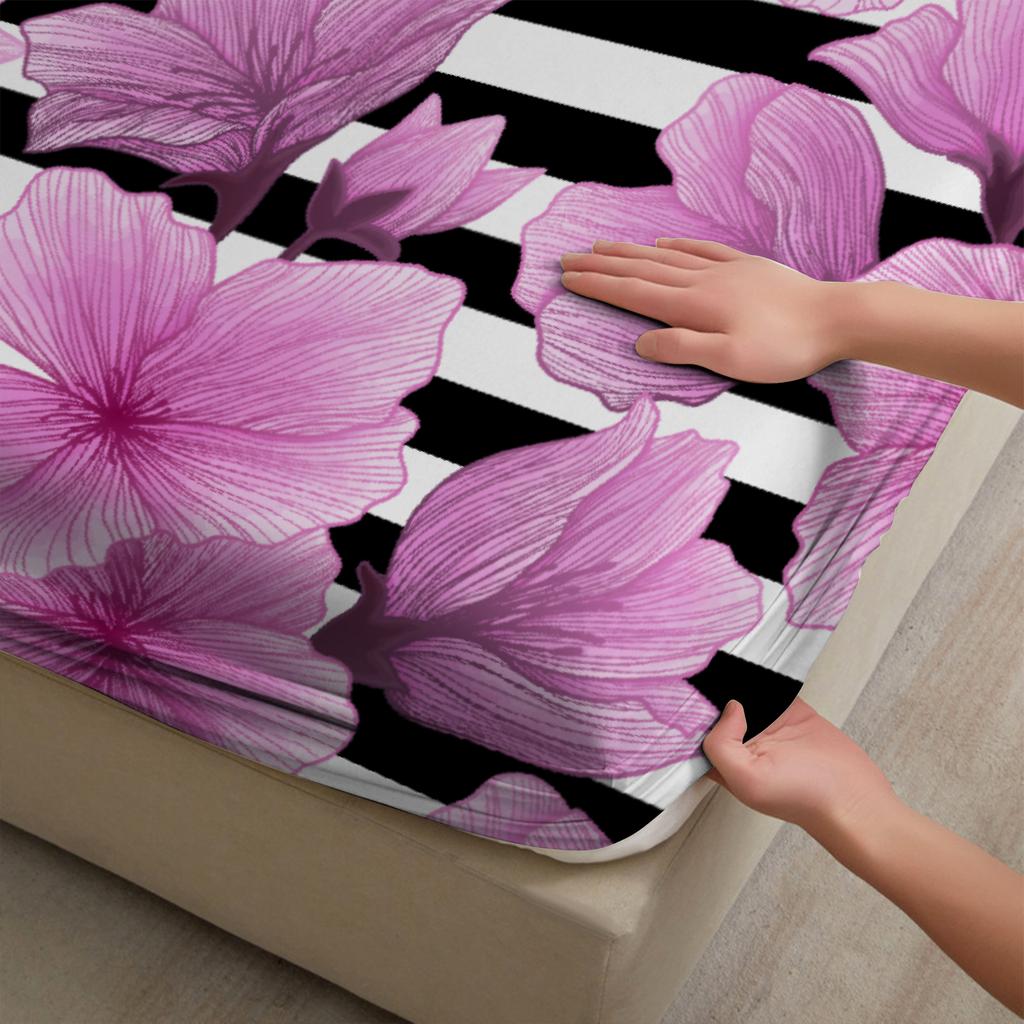 3pcs Fitted Sheet Set Pink Roses On Black And White Stripes Bed Sheet With Pillowcases For Bedroom Decor