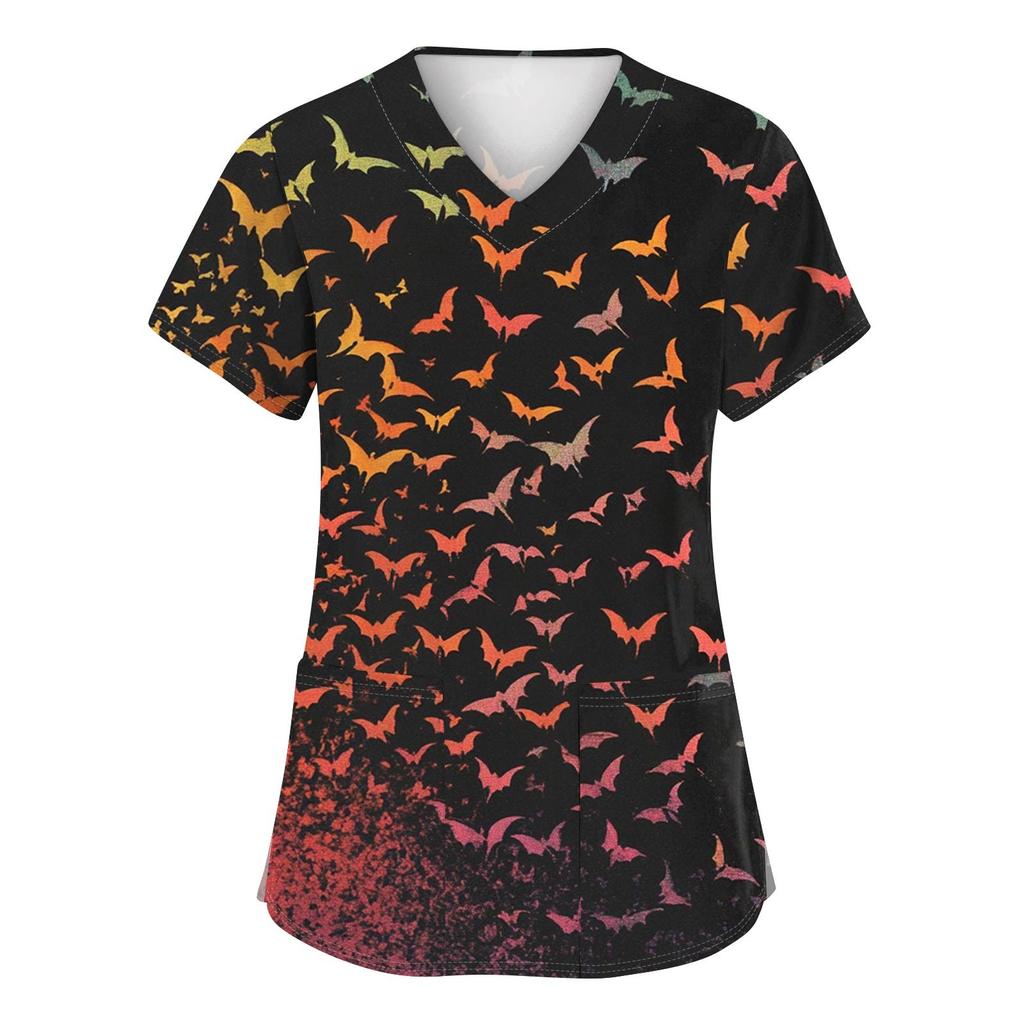 Women's Fashion V-neck Short-sleeved Work Uniform With Pockets, Halloween Print Top