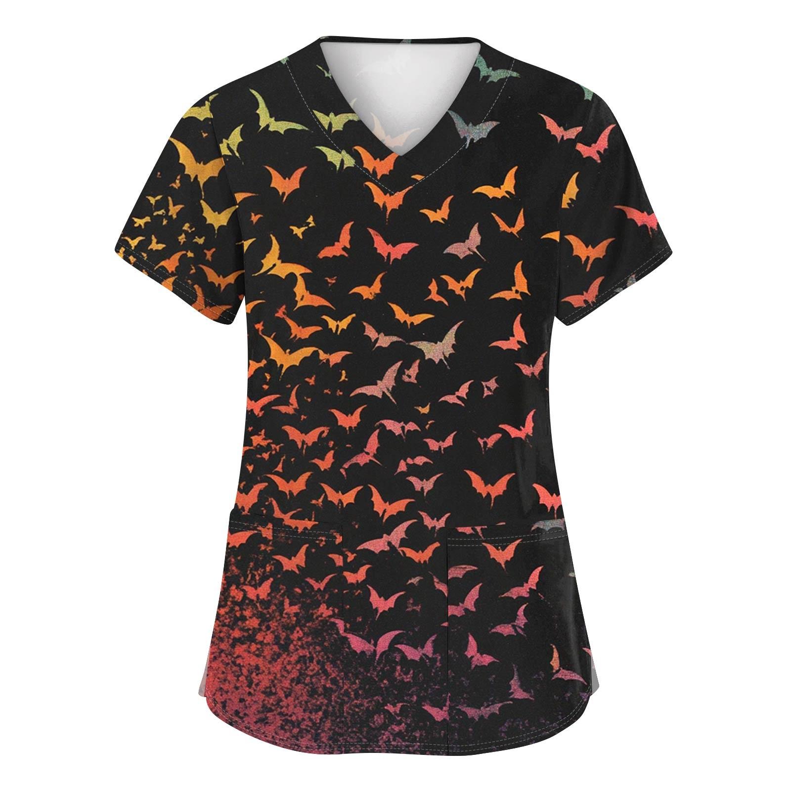 

Women s Fashion V-neck Short-sleeved Work Uniform With Pockets, Halloween Print Top XXXXL Кіновар