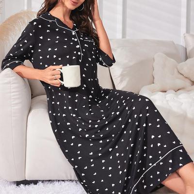 Damen-Schlafanzug mit Herzmuster, Dreiviertelarm-Nachthemd für Frühling & Herbst, Auch für draußen geeignet, Loungewear