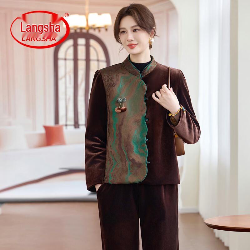 LangSha 2026 Spring Velvet Mid-Length Jacket & Pants Set 5XL