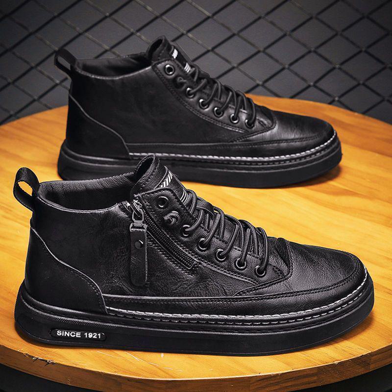 Men's High Top Casual Black Martin Boots for Spring and Autumn - Trendy All-Match Sports and Work Shoes.