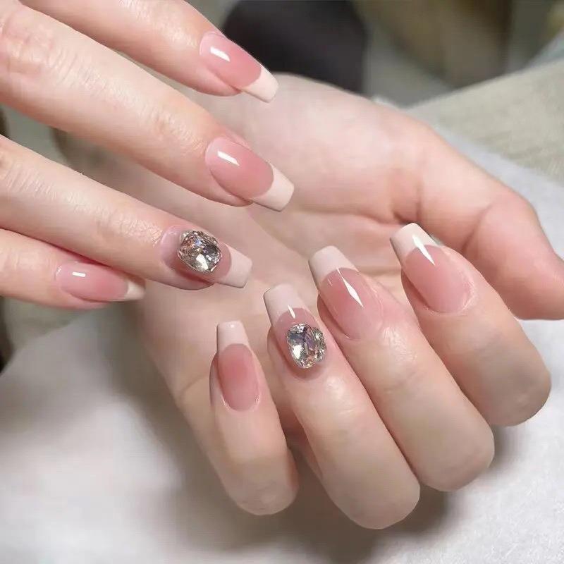 Handmade Blush Gradient Square Diamond Press-On Nails - Nude Whitening Nail Tips