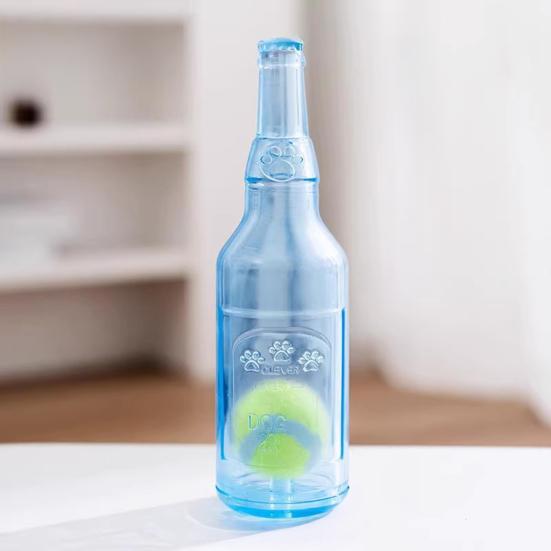 Water Bottle Dog Toy Squeaky TPR Bottle Dog Chew Toy with Tennis Ball Inside Interactive Fetch Toy for Small Medium Large Dogs