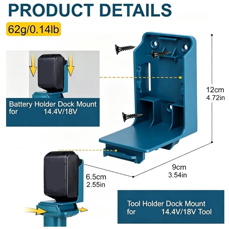 Power Tool Battery Mount 2 Pack, Molded Plastic Hangers With 2-Hole Backplates and Open-Front Access for Separate Removable Battery Storage Positions