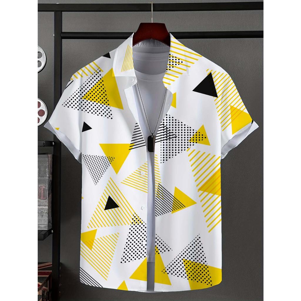 Men's Shirt with Novel Striped Patchwork Pattern Button Up Shirt, Fashionable Unisex Shirt, Vacation Collar Short Sleeved Shirt