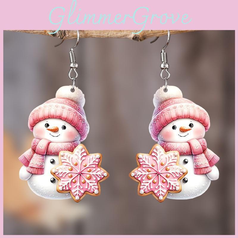Christmas Theme Cute Cartoon Pink Hat Scarf Snowman Pattern Women Earrings For Holiday Party Decor