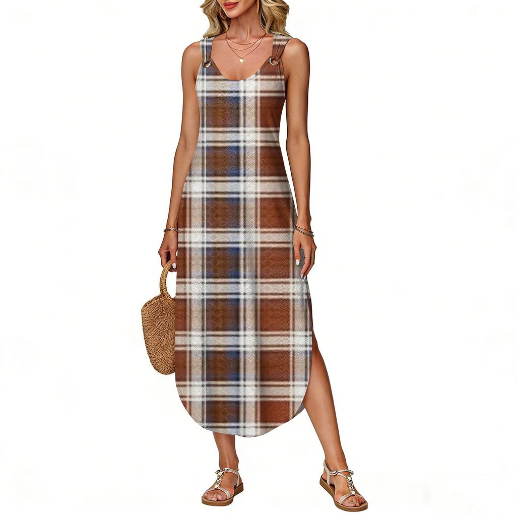 Women's Summer Long Dress, Sleeveless with Side Slits, Long Plaid Printed Vest Dress