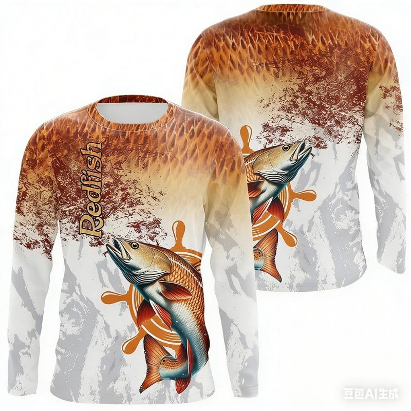 Fishing Redfish Bass Scale Pattern Breathable Graphic T Shirts Men Fashion Men's Clothing Outdoor Tee Men's Long Sleeve T-Shirt