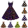 Womens Halloween Print Off Shoulder Punk Vintage Dress Sleeveless Spaghetti Strap Retro Style Midi Dress