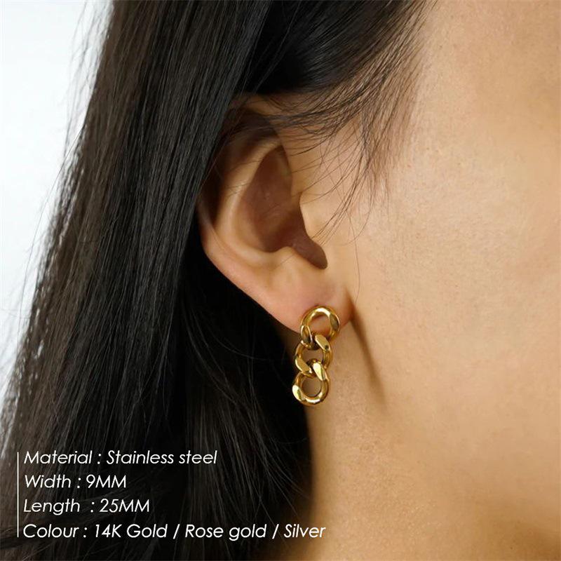European Style Titanium Steel Cuban Link Stud Earrings - Thick Chain Design, Colorfast Niche Fashion.