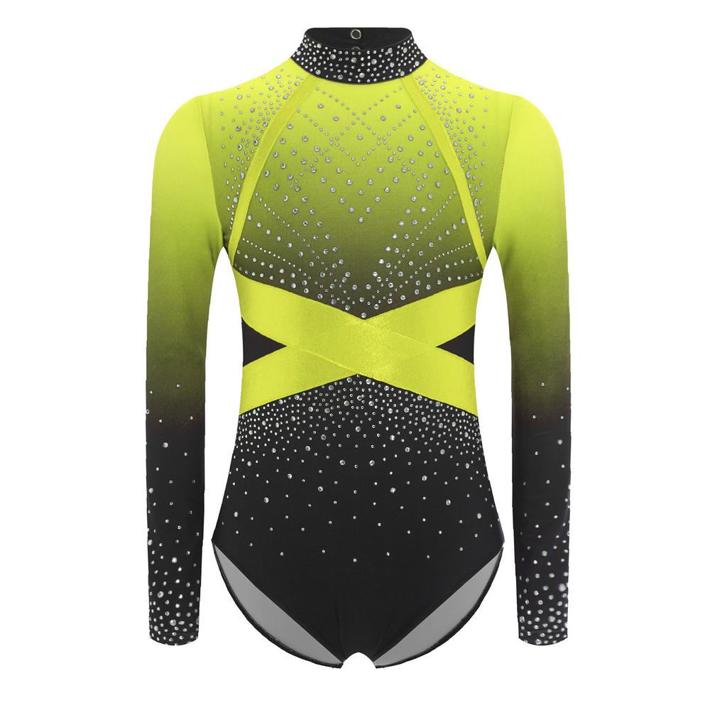 Dívčí barevně blokové baletní triko lesklé umělé diamanty kamínky dlouhý rukáv gymnastický balerínkový overal