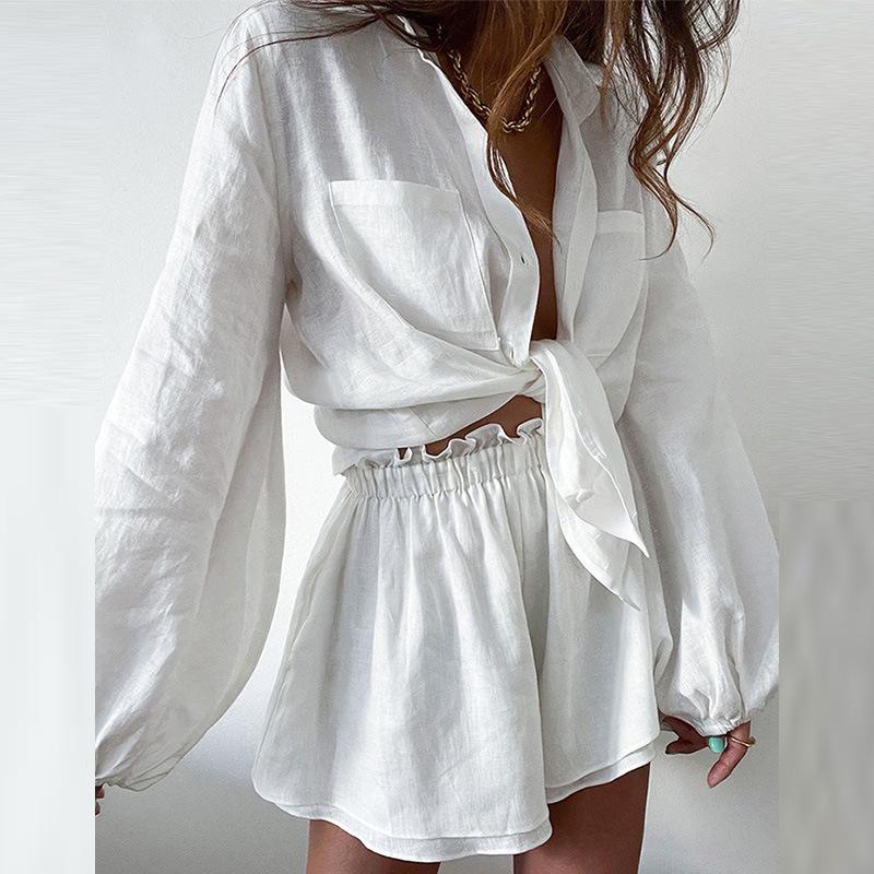 Women 's 2-Piece Tracksuit Outfit Set Long Sleeve Cotton Linen Shirt Loose High Waisted Mini Shorts Set