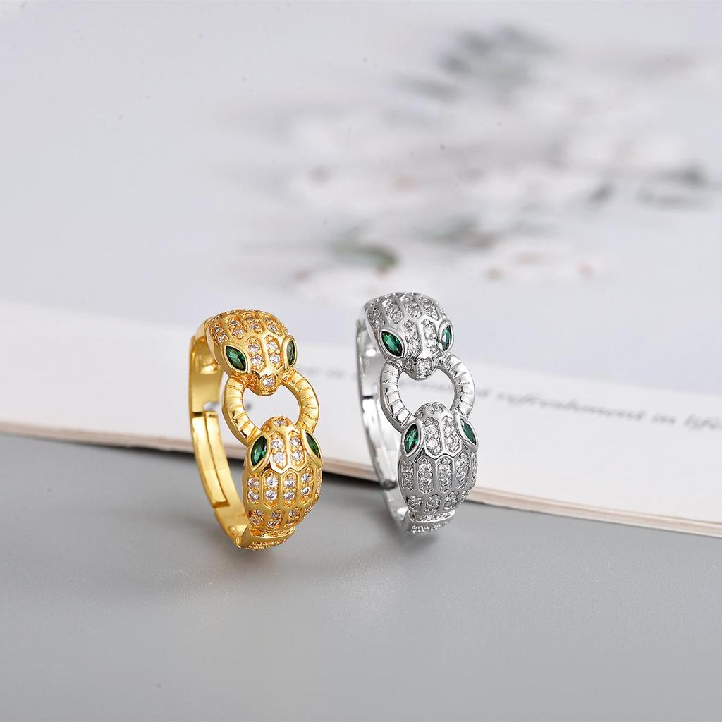 2026 Trendy Gold-Plated Copper Snake Bracelet & Ring Set with Green Eye and Full Diamond Micro-Pave