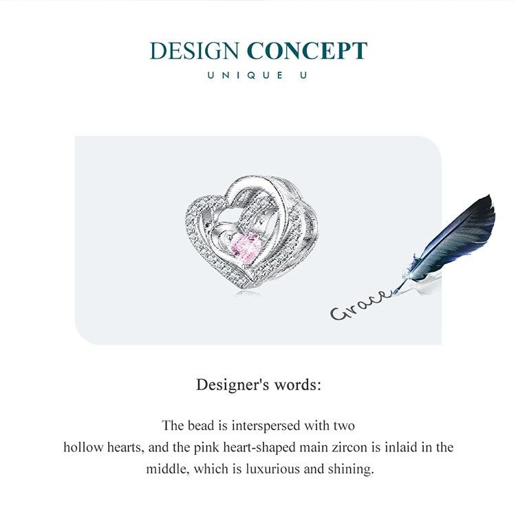 Bamoer 925 Sterling Silver Pink CZ Geometrický dutý korálek od srdce k srdci pro ženy Originální náramek a náramek šperky