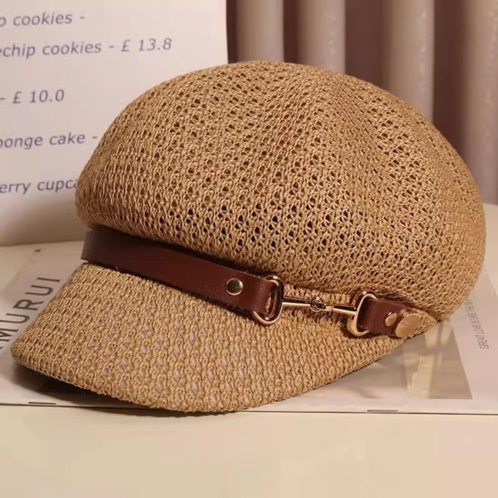 Casual Hollow Octagonal Beret Hat Breathable Spring Summer Beach Straw Hat Leather Buckle Painter Hat Sunshade Cap