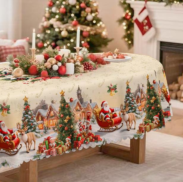 Vintage Winter Wonderland Christmas Tablecloth with Santa Reindeer & Snowman Patterns - Rectangular Table Cover